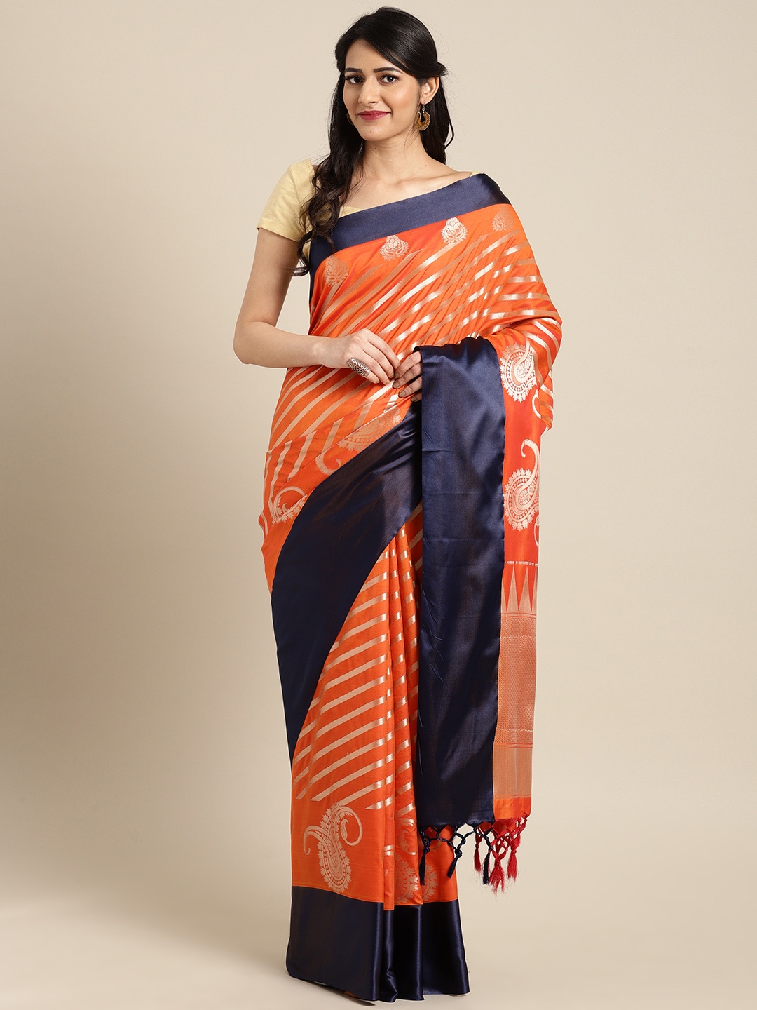 

Varkala Silk Sarees Orange & Navy Blue Pure Silk Striped Banarasi Saree