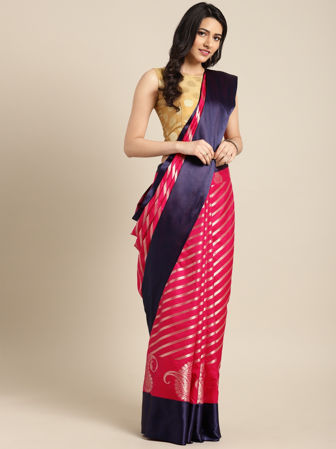 

Varkala Silk Sarees Coral Pink Pure Silk Striped Banarasi Saree