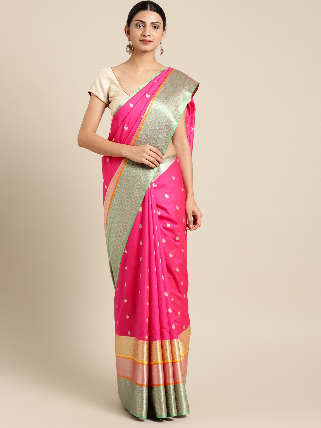 

Varkala Silk Sarees Pink & Green Pure Katan Silk Woven Design Banarasi Saree