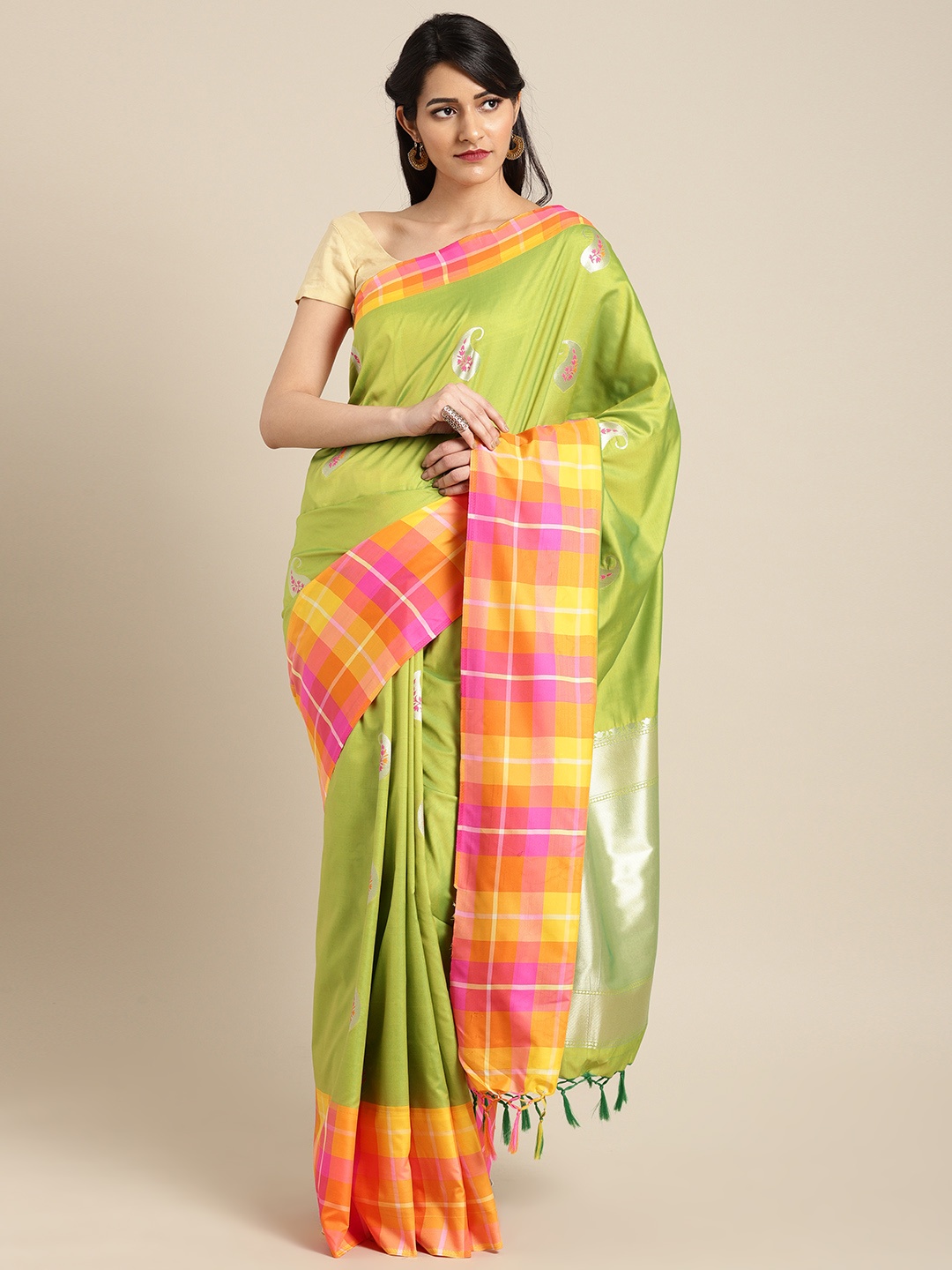 

Varkala Silk Sarees Green & Yellow Pure Silk Woven Design Banarasi Saree