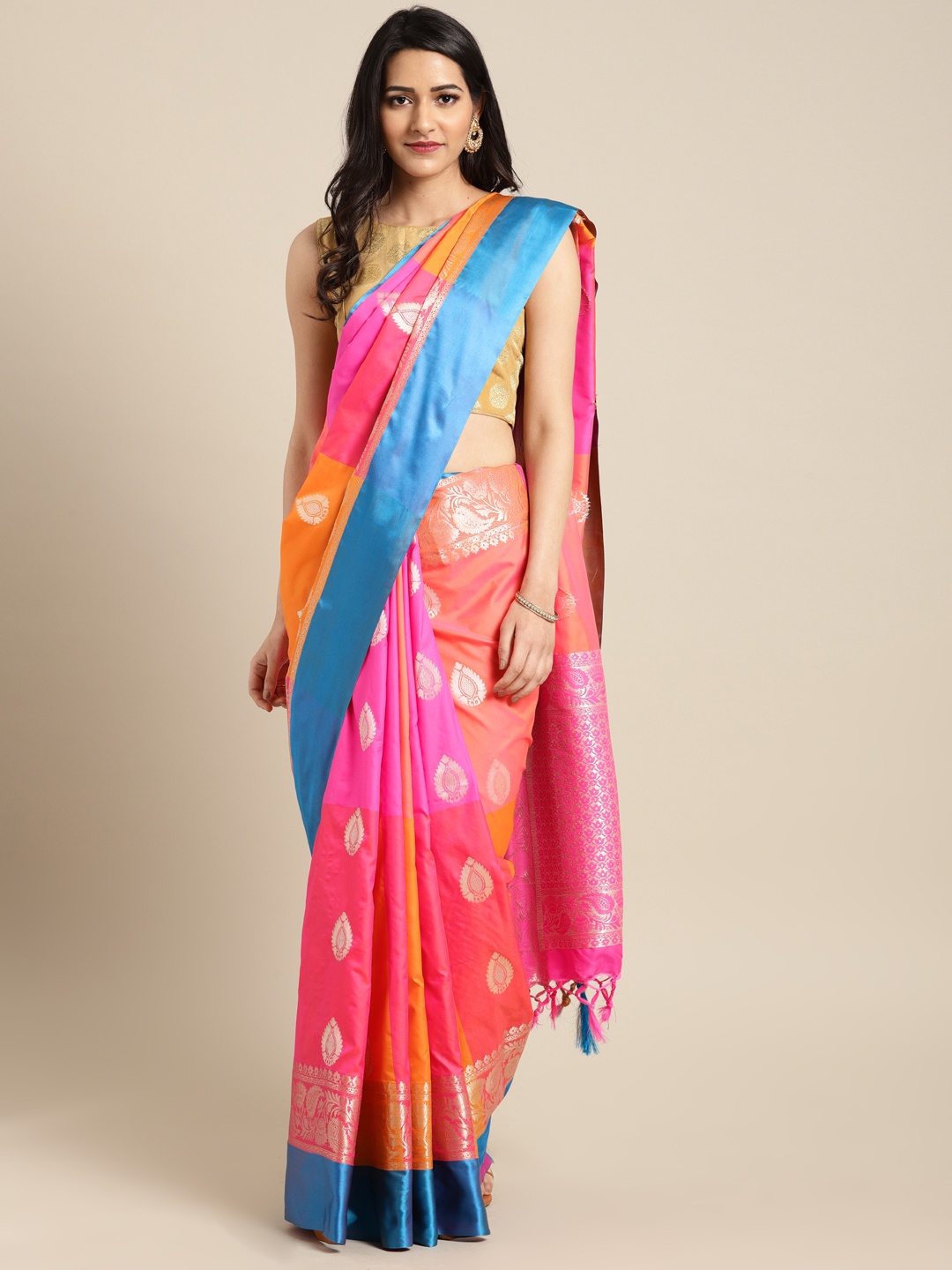 

Varkala Silk Sarees Pink & Mustard Yellow Pure Silk Colourblocked Banarasi Saree