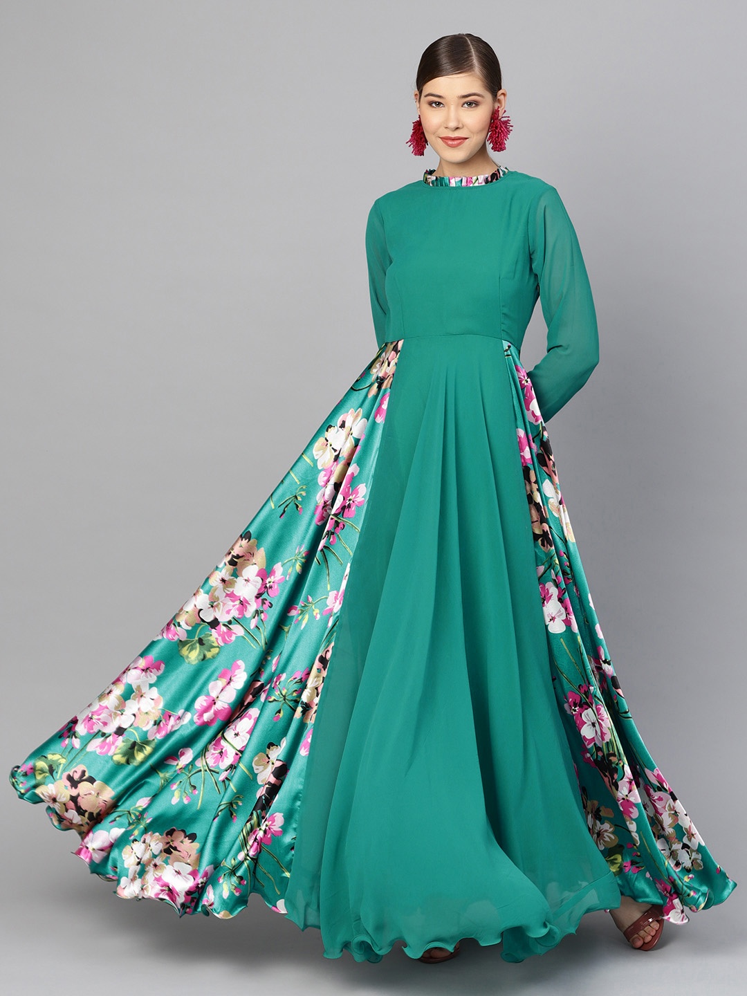 

Inddus Women Green Solid Maxi Dress with Printed Detail