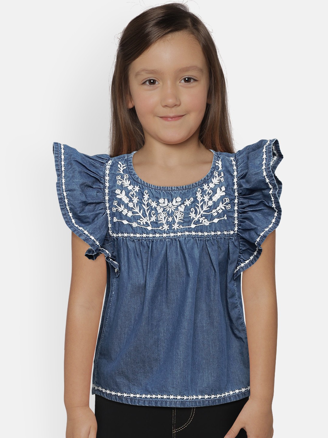 

Pepe Jeans Girls Blue Solid A-Line Denim Pure Cotton Top