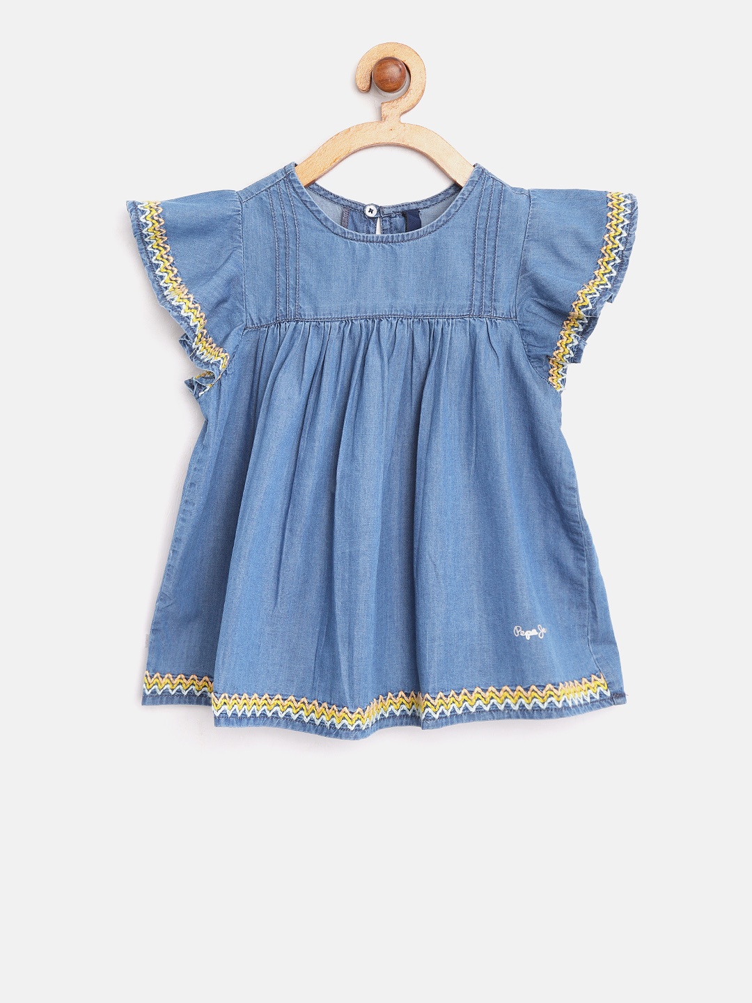 

Pepe Jeans Girls Blue Solid Chambray A-Line Pure Cotton Top