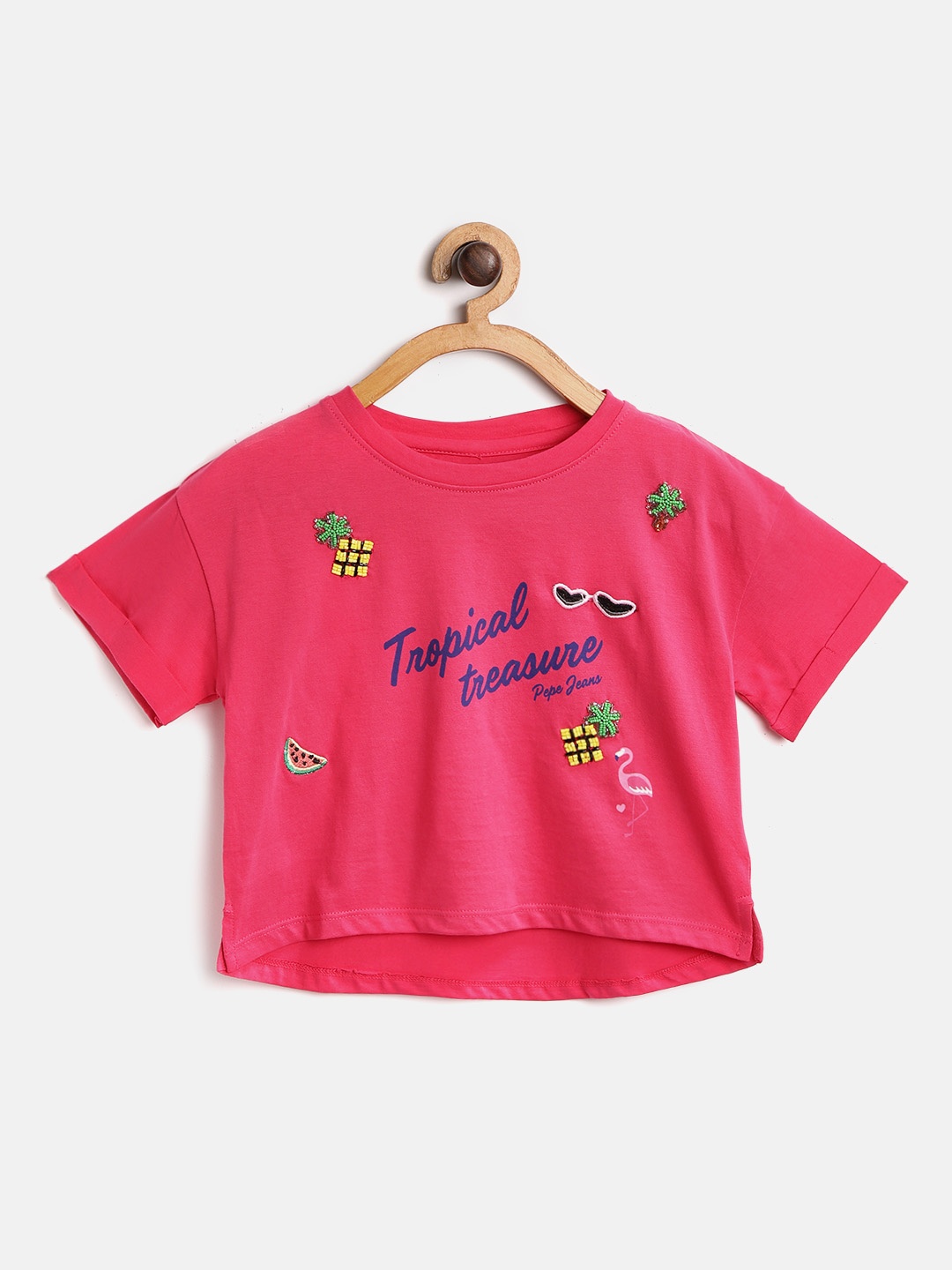 

Pepe Jeans Girls Pink Printed & Embellished Round Neck T-shirt