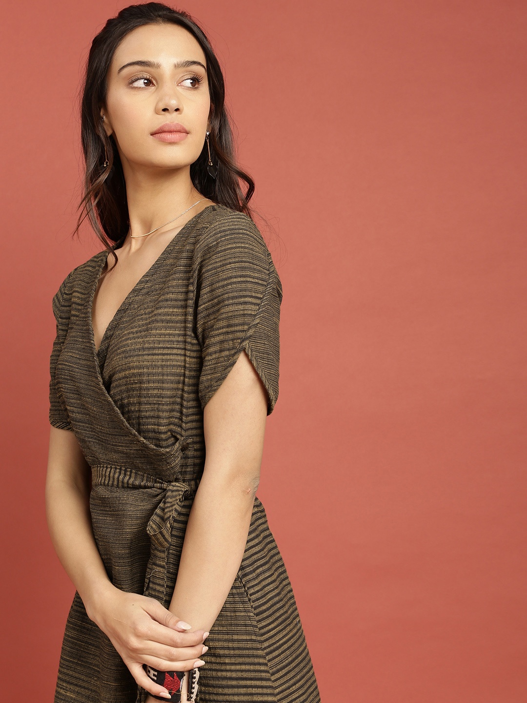 

Taavi Mustard Yellow & Black Woven Legacy A-Line Pure Cotton Dress with Tie-Ups