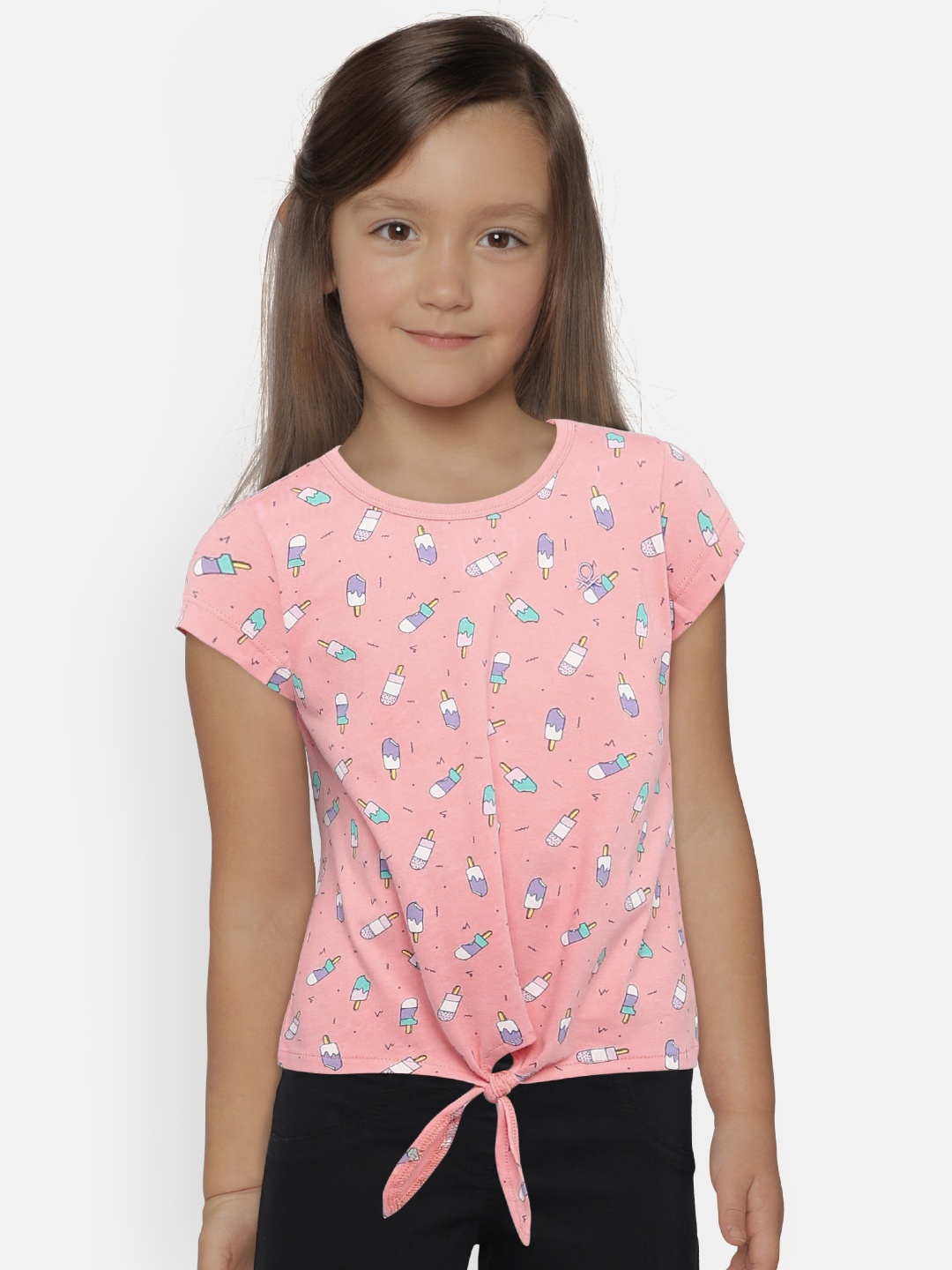 

United Colors of Benetton Girls Peach-Coloured Printed Pure Cotton Top