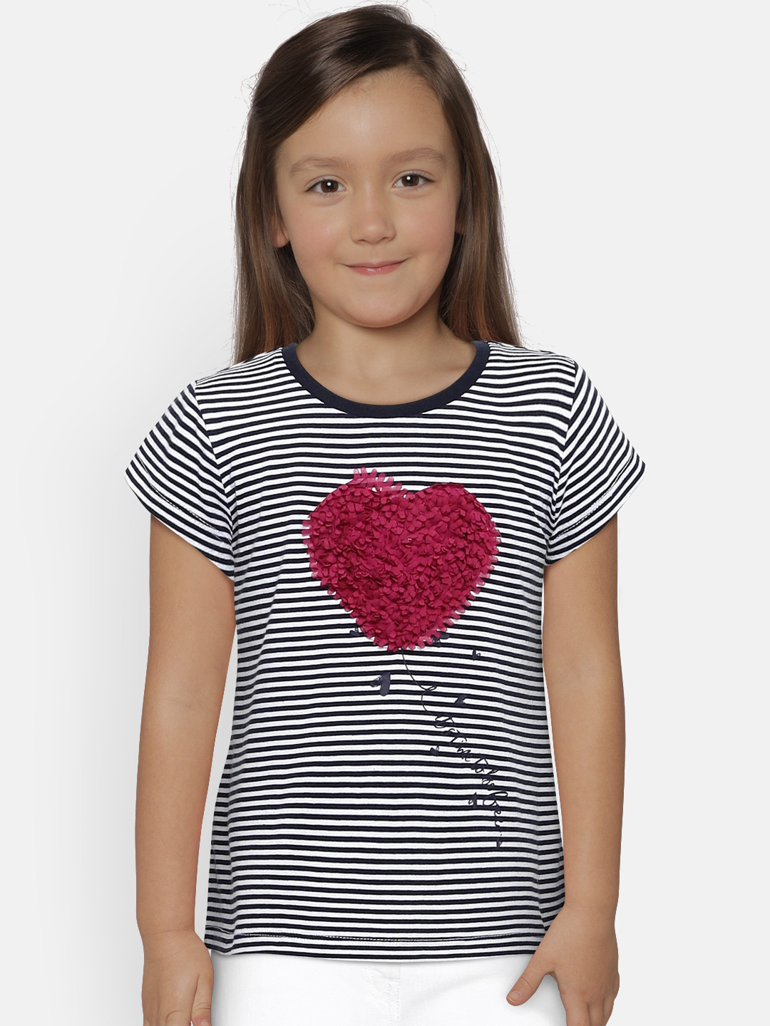 

United Colors of Benetton Girls Navy Blue & White Striped Round Neck T-shirt
