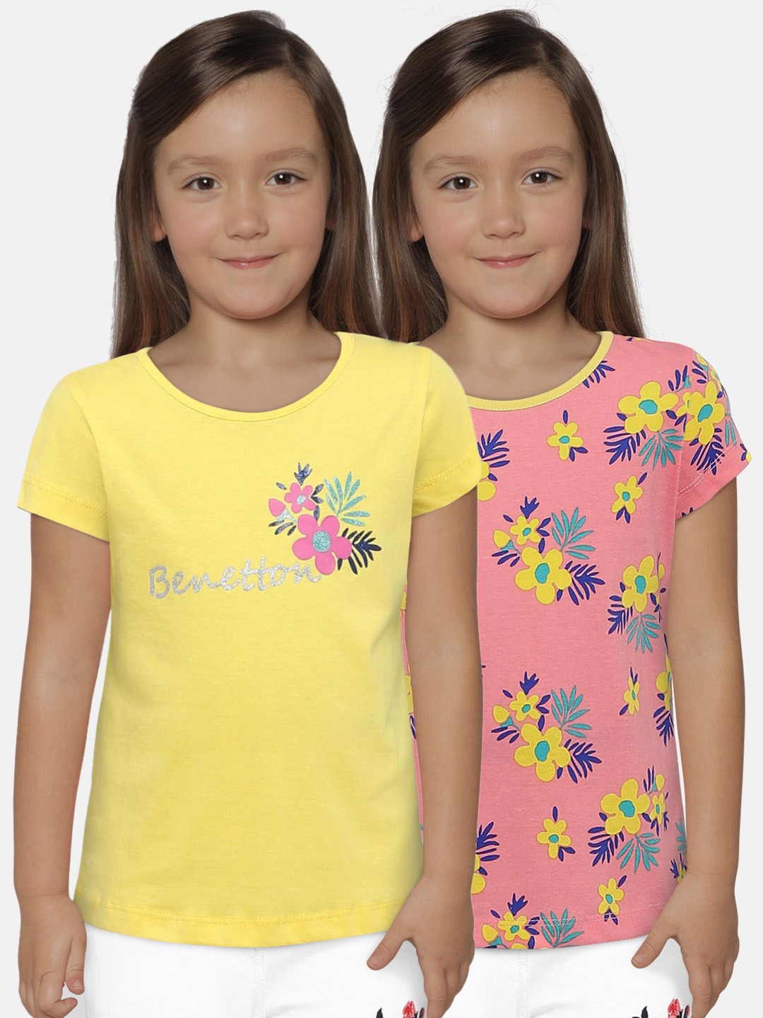 

United Colors of Benetton Girls Pack of 2 Round Neck T-shirts, Pink