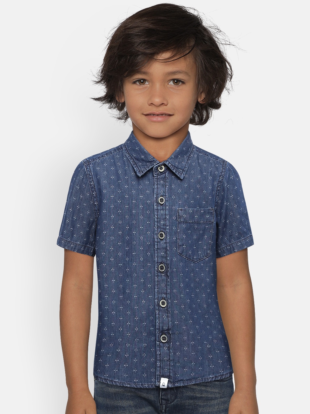 

United Colors of Benetton Boys Navy Blue Printed Denim Shirt