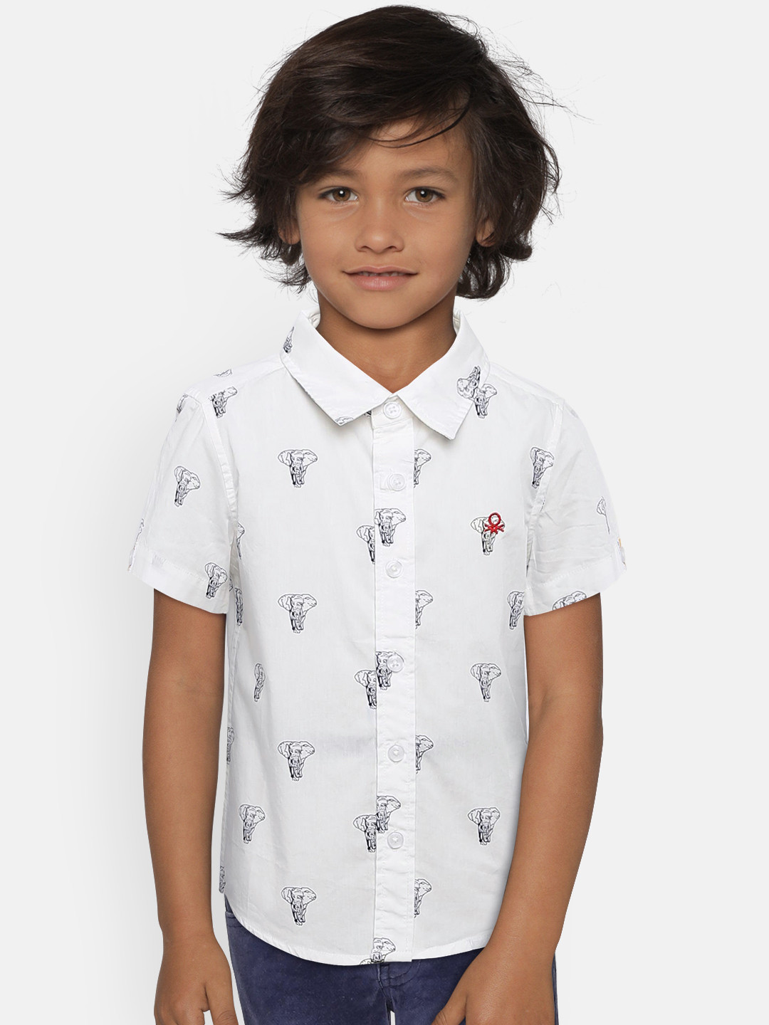 

United Colors of Benetton Boys White & Navy Blue Regular Fit Printed Casual Shirt