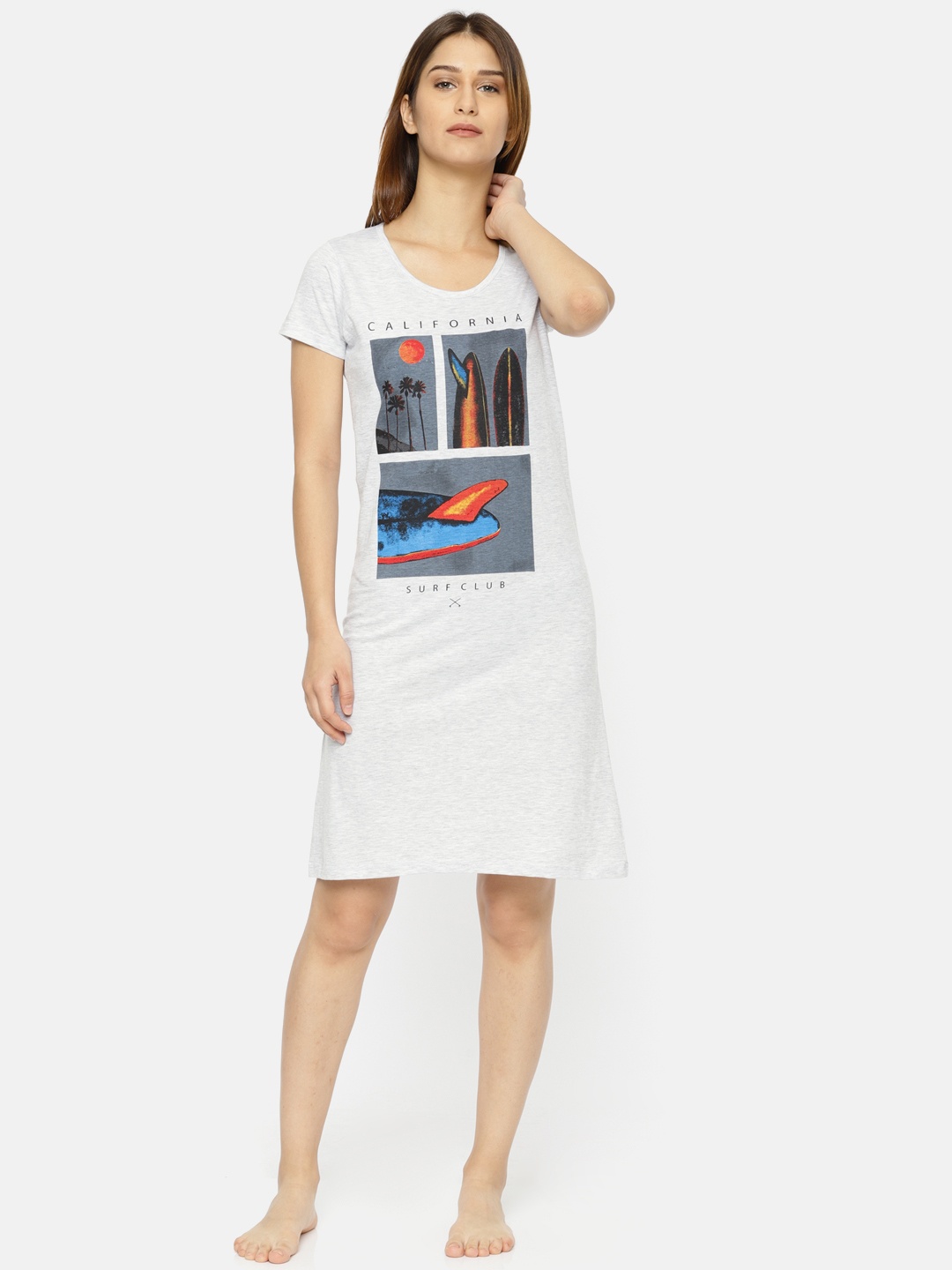 

Slumber Jill Grey Melange Printed Sleep Shirts