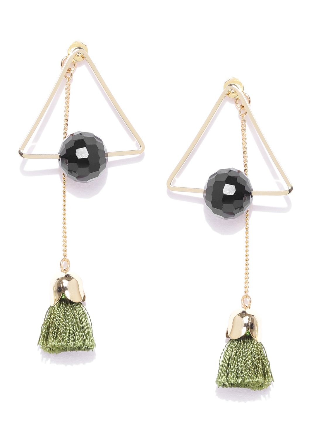 

KARATCART Black & Olive Green Gold-Plated Beaded Tasselled Triangular Drop Earrings