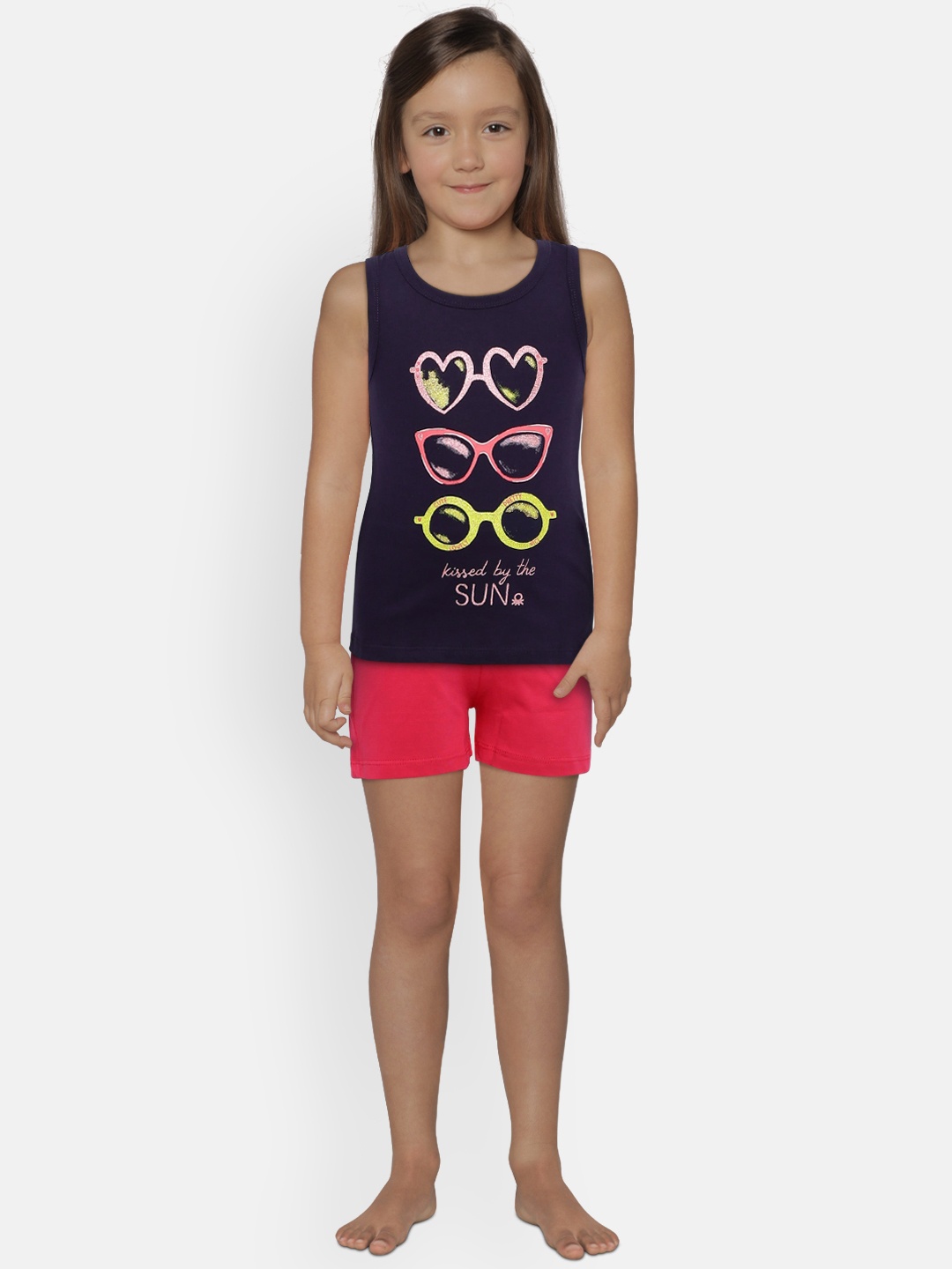 

United Colors of Benetton Girls Navy & Pink Printed T-shirt with Shorts, Navy blue