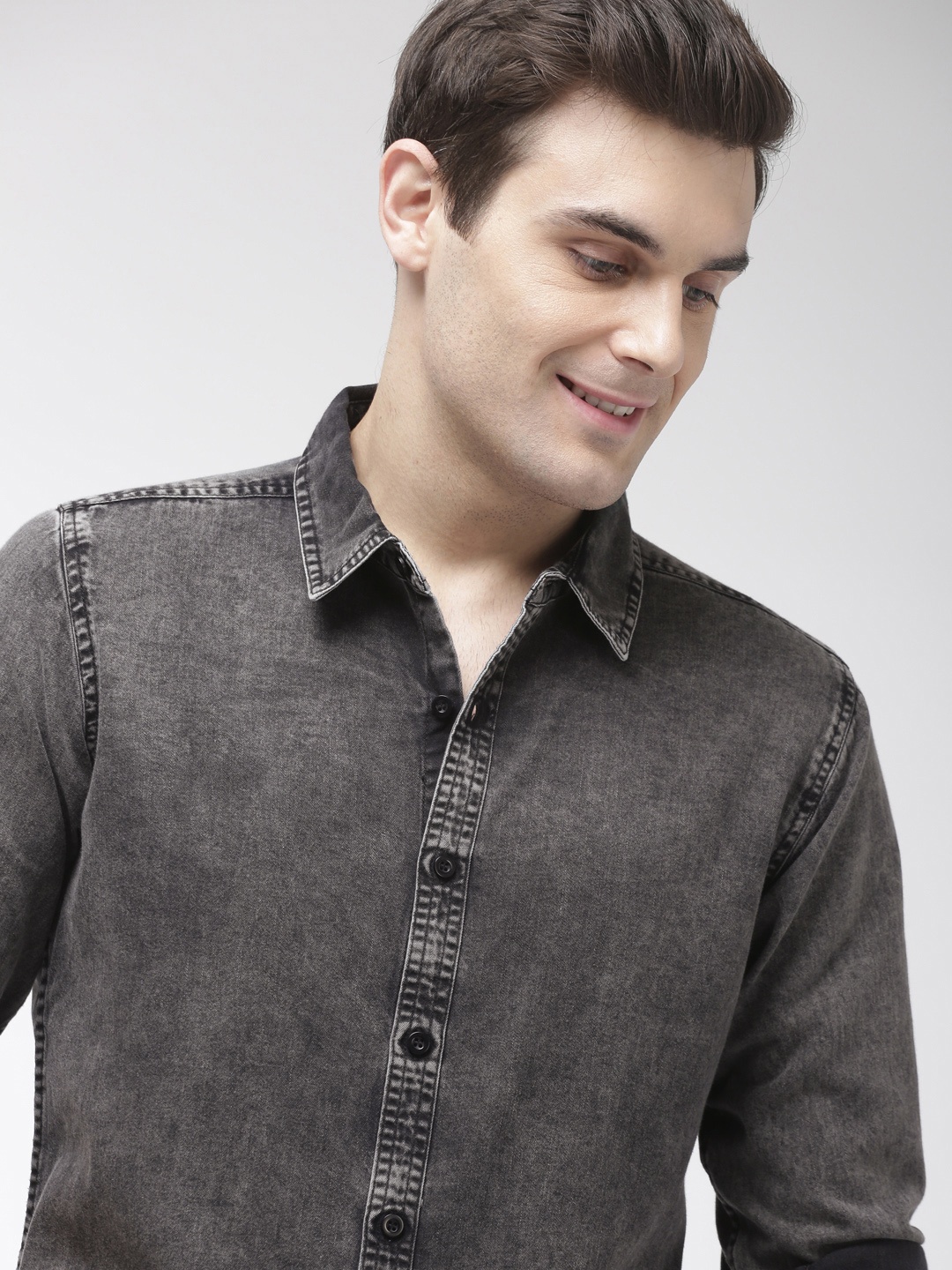 

Mast & Harbour Men Charcoal Grey Faded Casual Denim Shirt