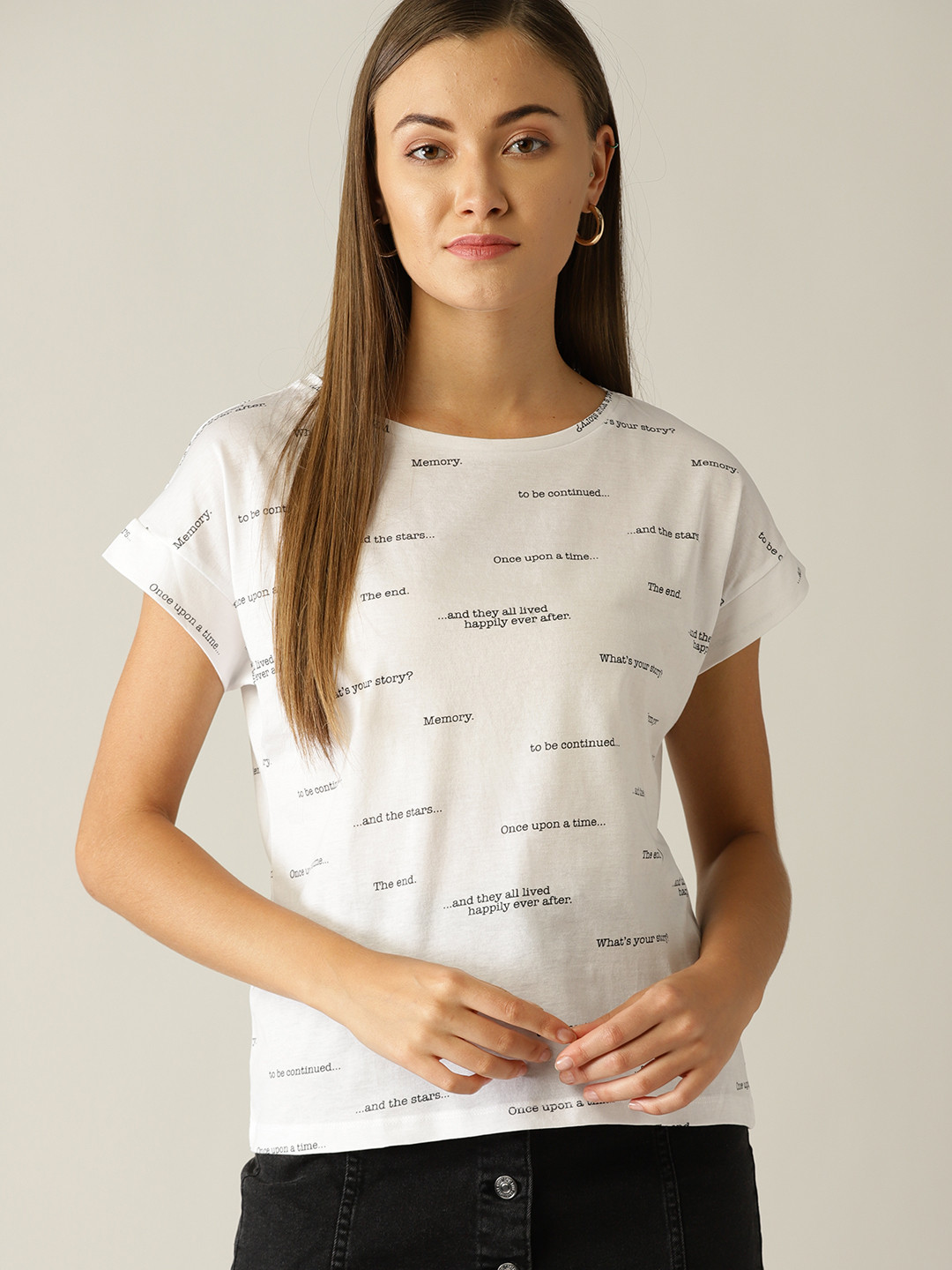 

MANGO Women White & Black Printed Round Neck T-shirt