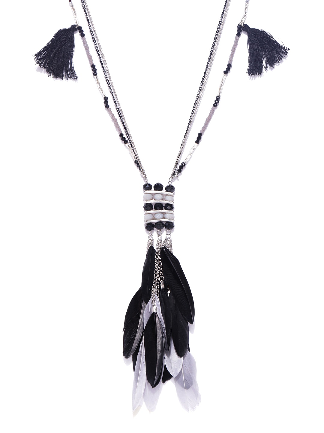 

KARATCART Black & Grey Silver-Plated Beaded Feather Necklace