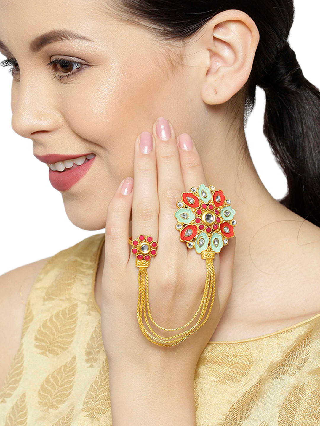 

KARATCART Women Maroon & Mint Green Gold Plated Enamelled Adjustable Dual Finger Ring
