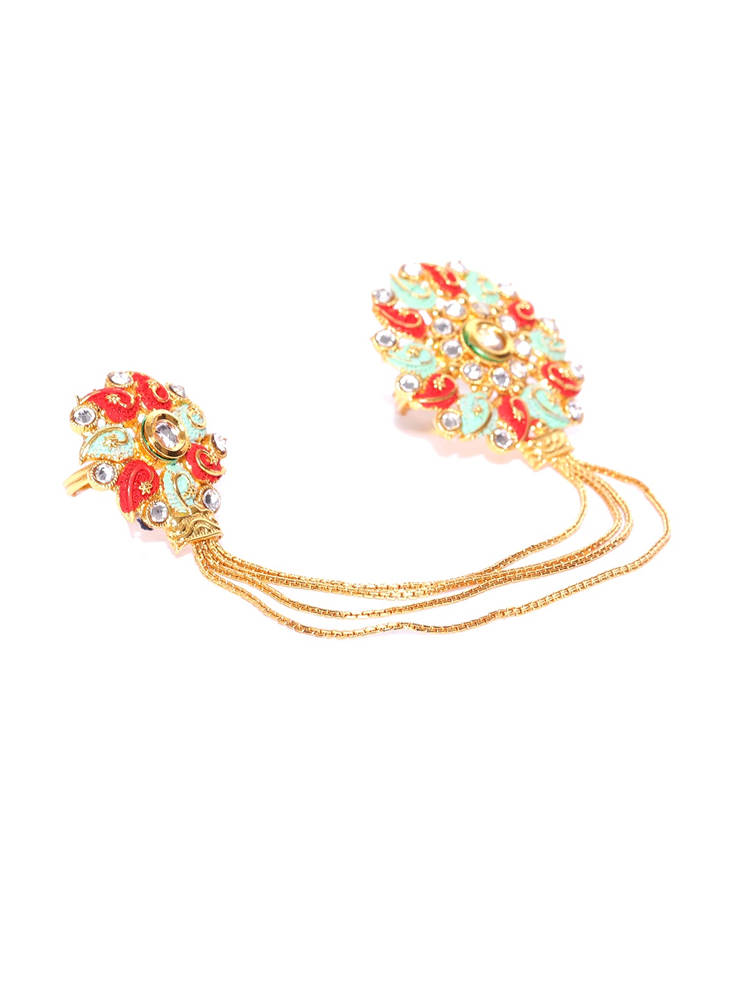

KARATCART Women Red & Green Gold-Plated Enameled Adjustable Dual Finger Ring
