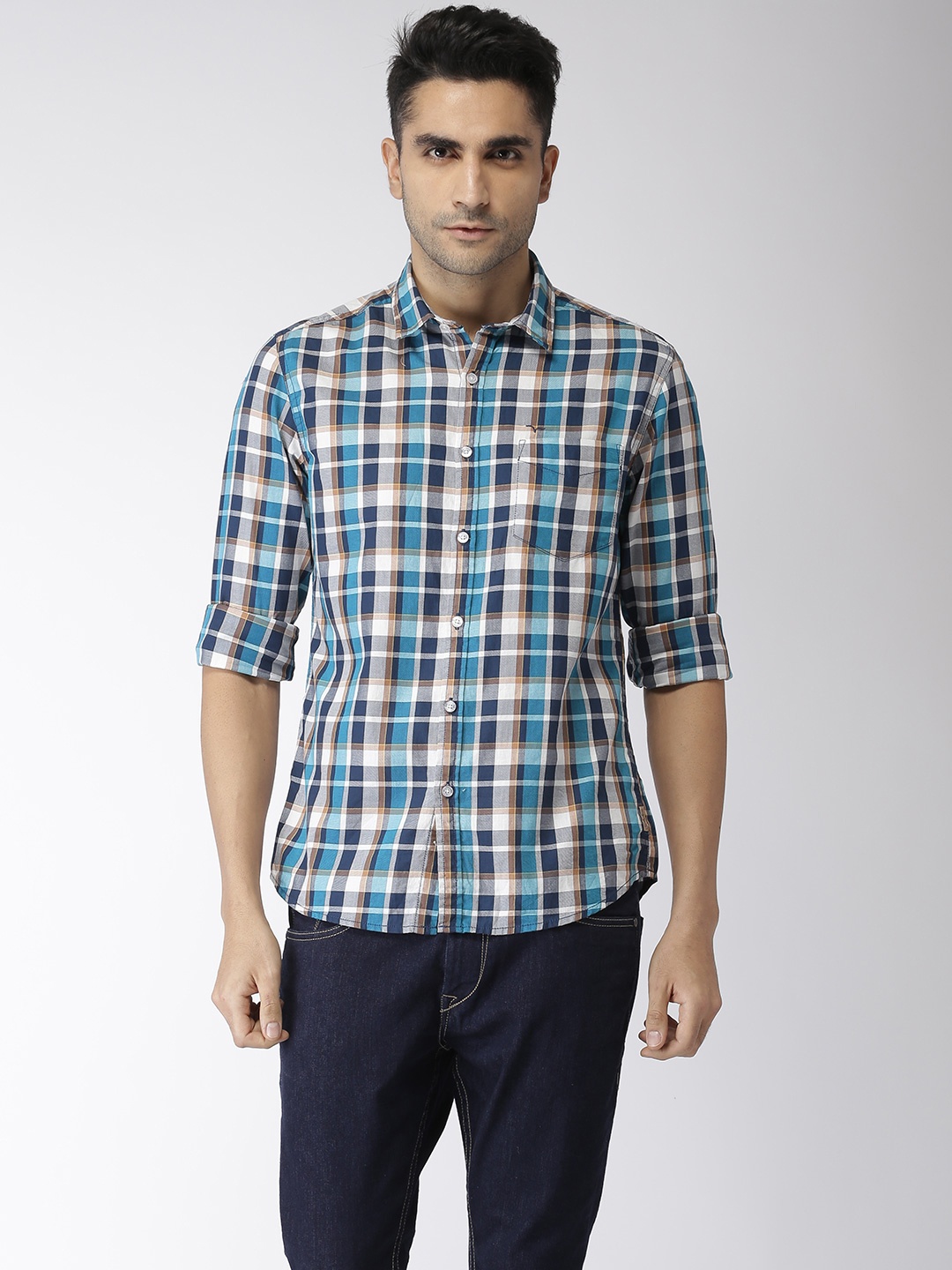 

Flying Machine Men Navy Blue & Green Regular Fit Checked Casual Shirt