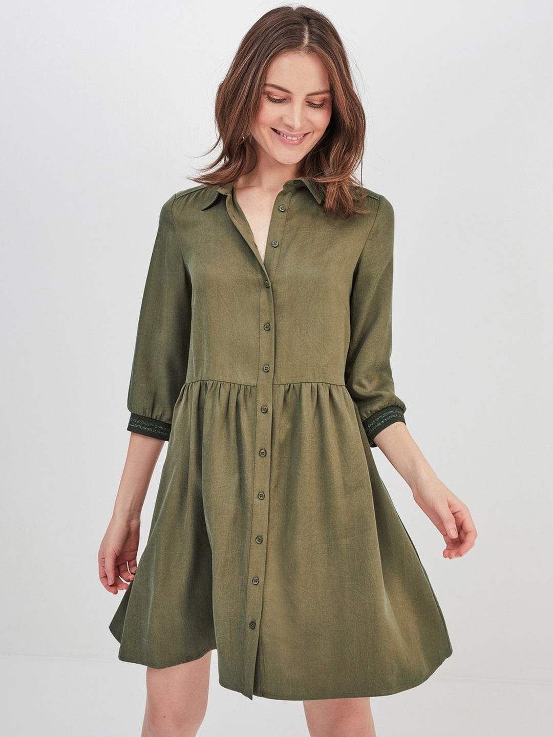 

promod Women Olive Green Solid Fit and Flare Dress