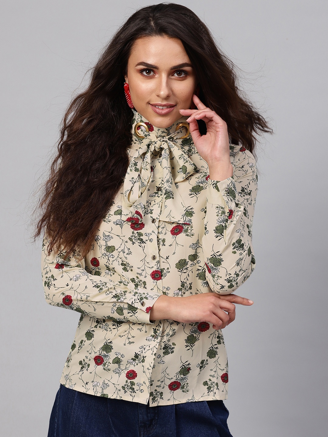 

Pannkh Women Beige Printed Shirt Style Top