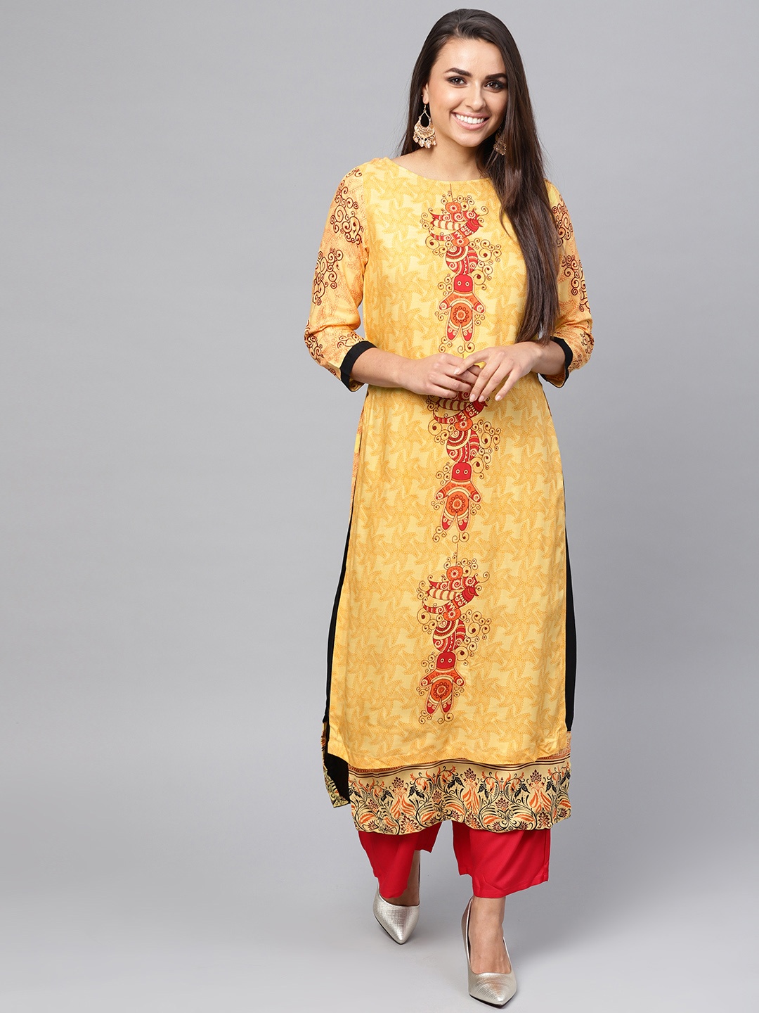 

Pannkh Women Yellow Printed Layered Straight Kurta