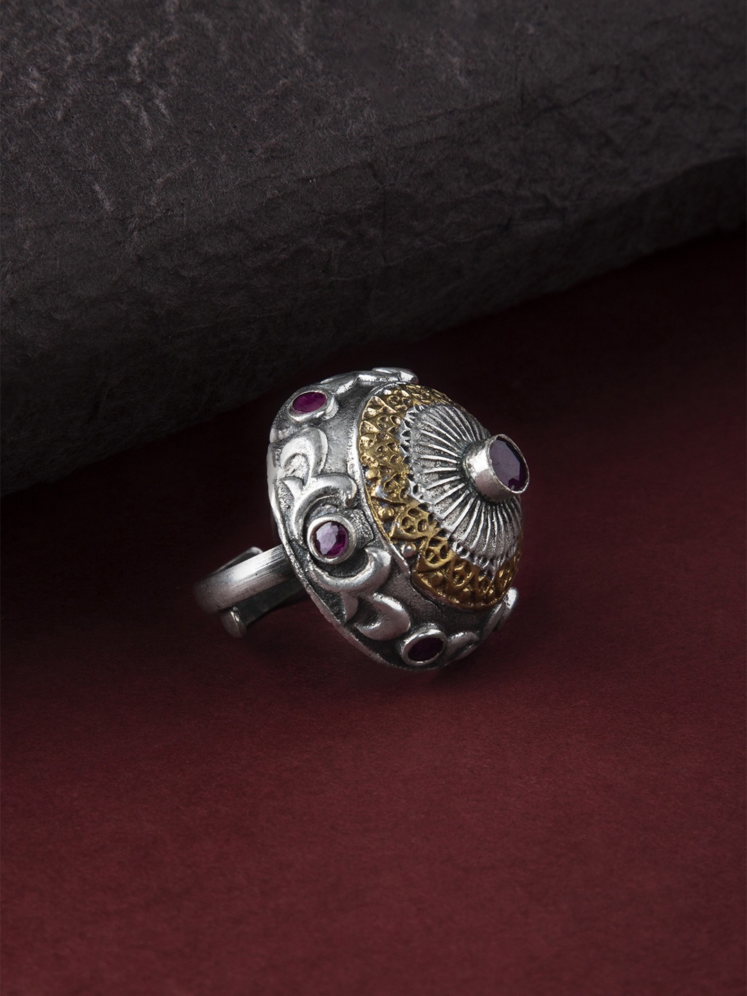 

Rubans Women Silver-Plated & Maroon Ruby Studded Cocktail Ring