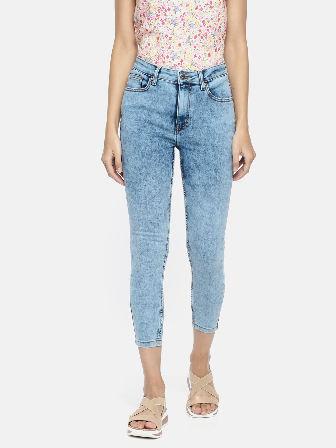 

People Women Blue Skinny Fit High-Rise Clean Look Stretchable Cropped Jeans