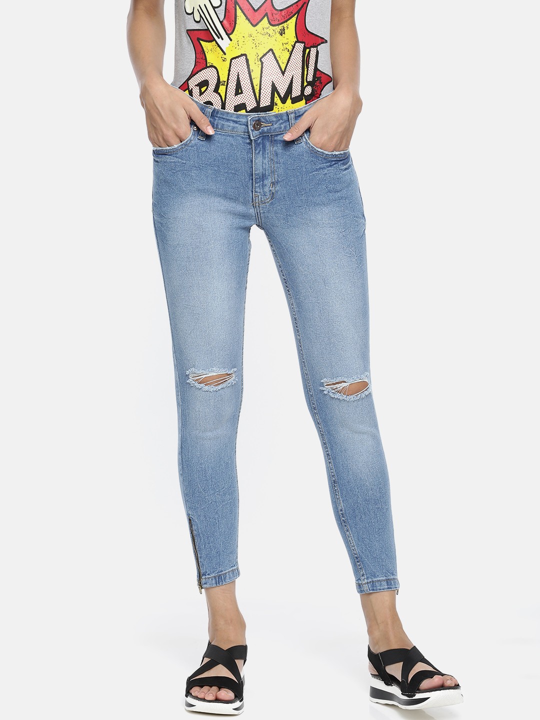 

People Women Blue Skinny Fit Mid-Rise Slash Knee Stretchable Cropped Jeans