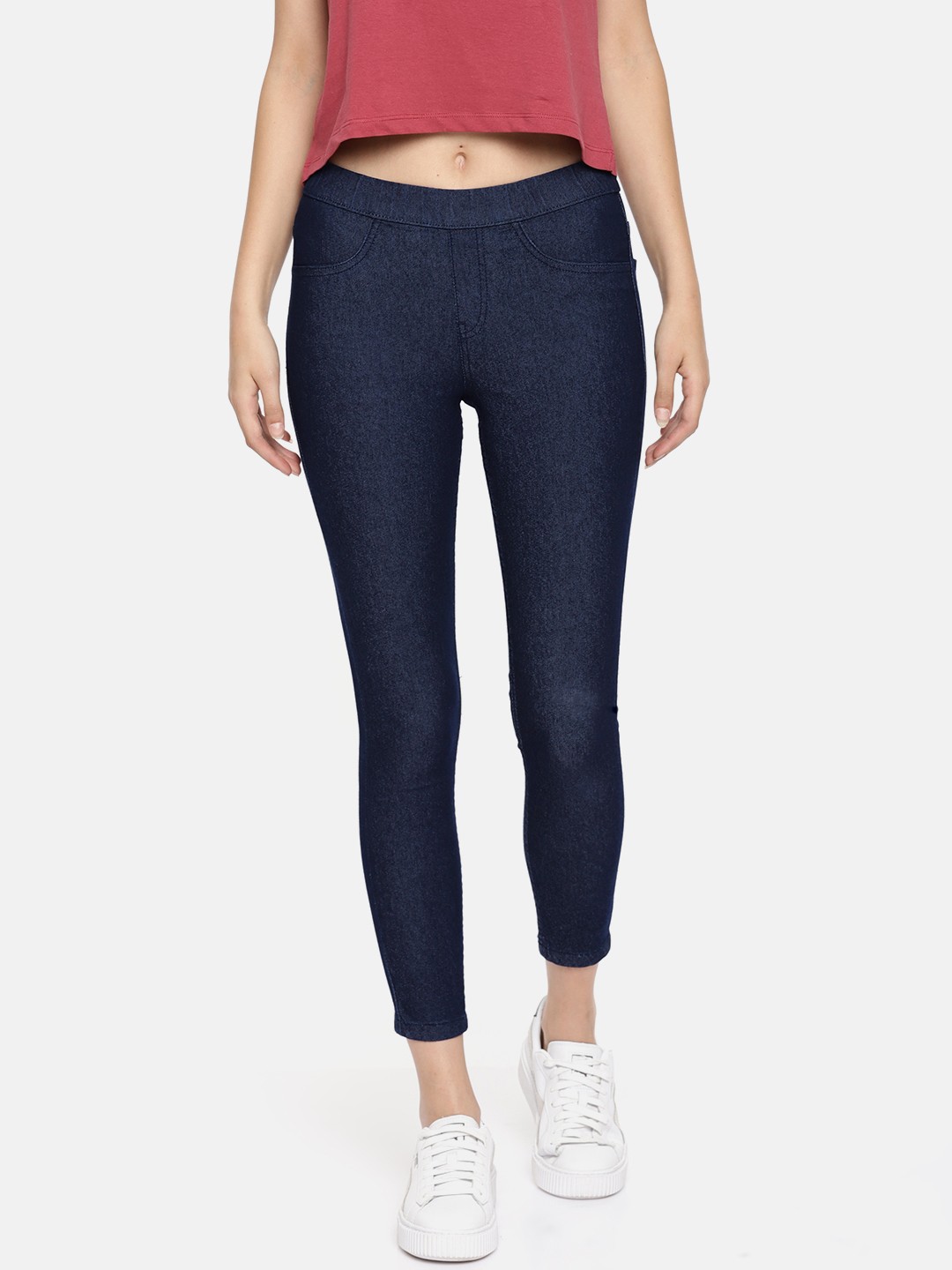 

People Women Blue Solid Three-Fourth Jeggings