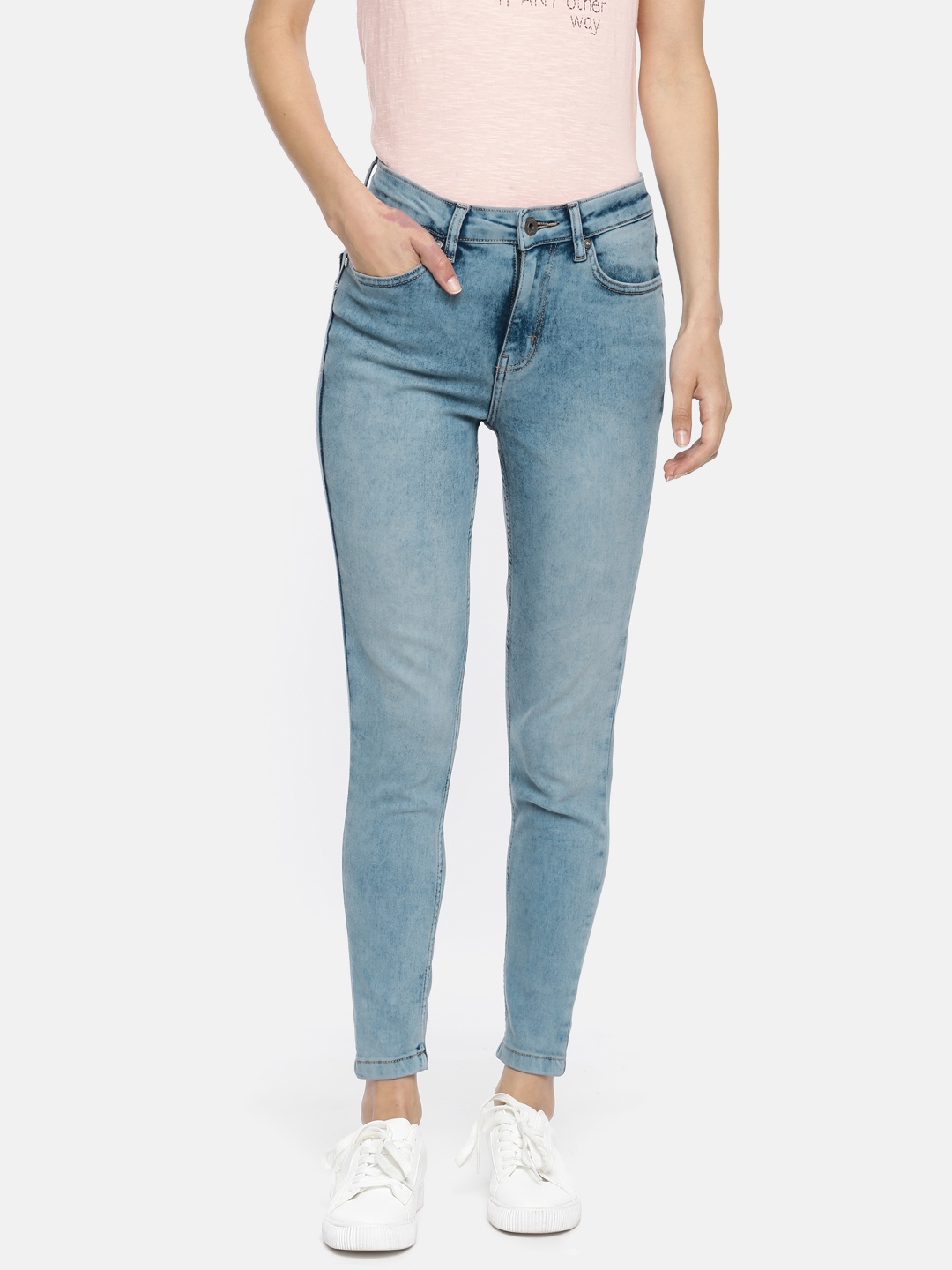 

People Women Blue Skinny Fit High-Rise Clean Look Stretchable Cropped Jeans