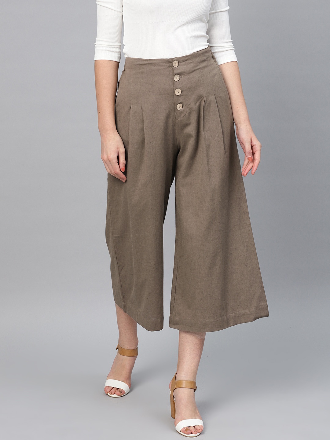 

SASSAFRAS Women Olive Brown Flared Solid Culottes