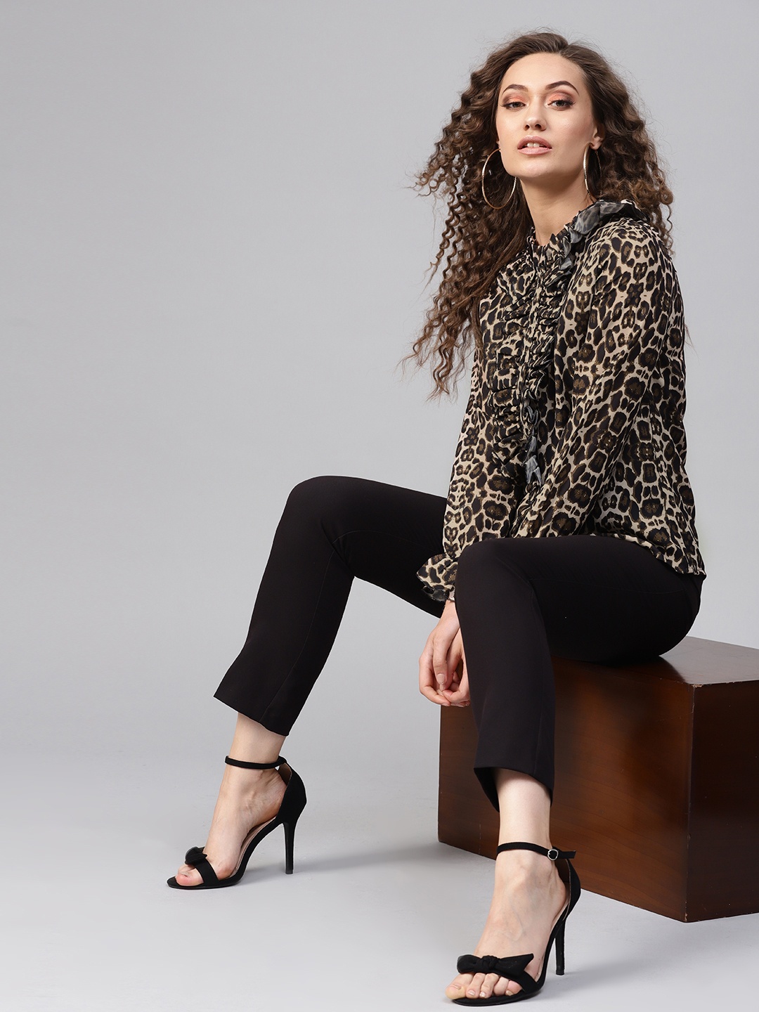 

SASSAFRAS Beige & Black Animal Print Shirt Style Top