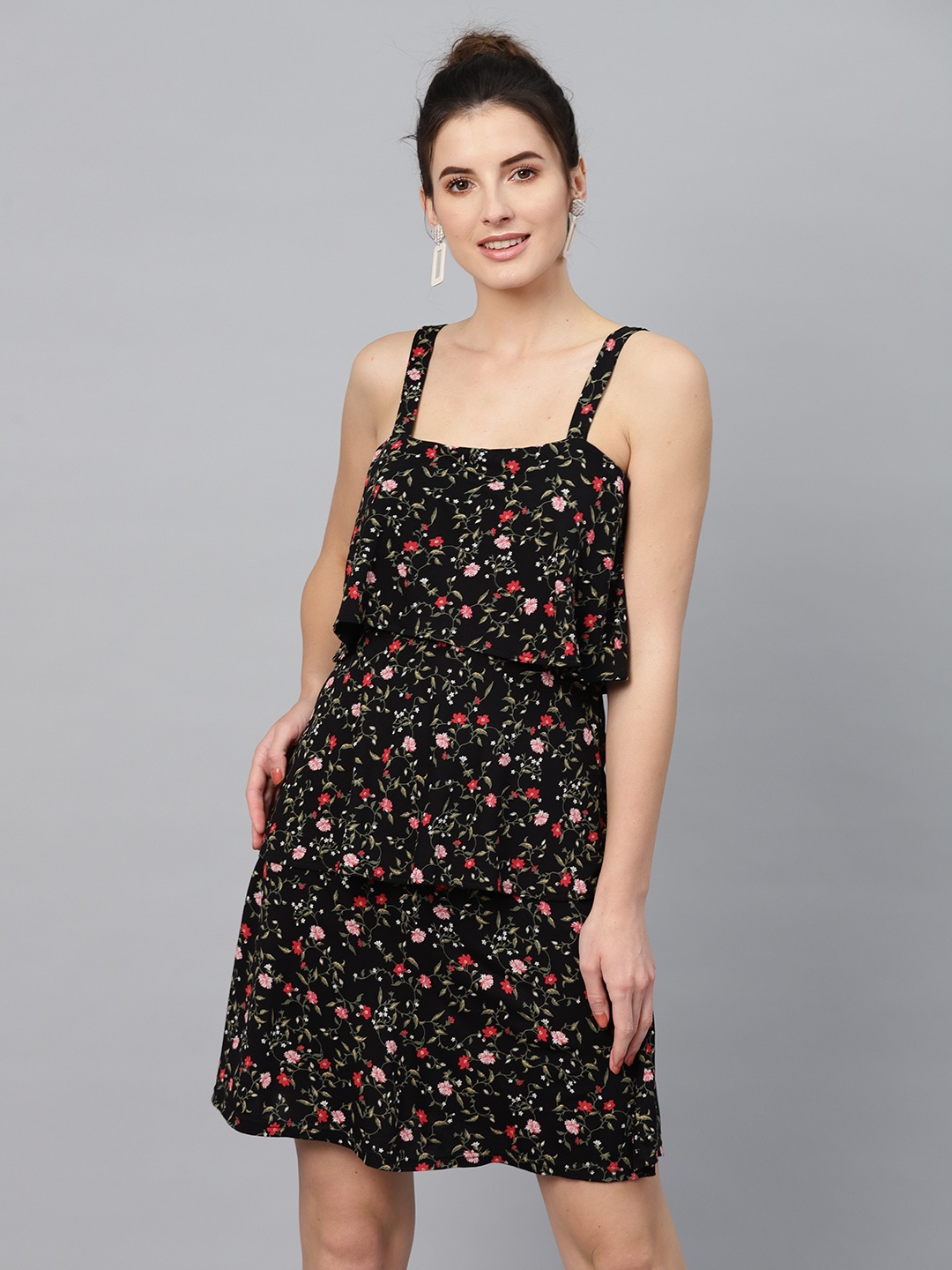 

SASSAFRAS Black & Red Printed Layered A-Line Dress