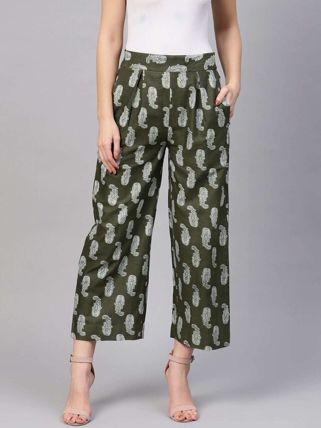 

SASSAFRAS Women Olive Green & White Printed Straight Cropped Palazzos