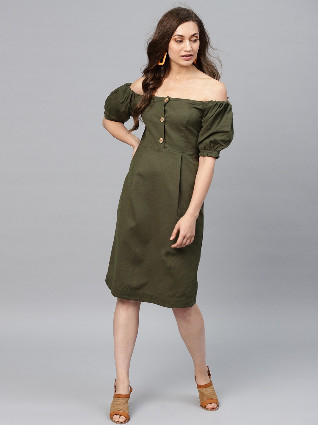 

SASSAFRAS Women Olive Green Solid Off-Shoulder Sheath Dress