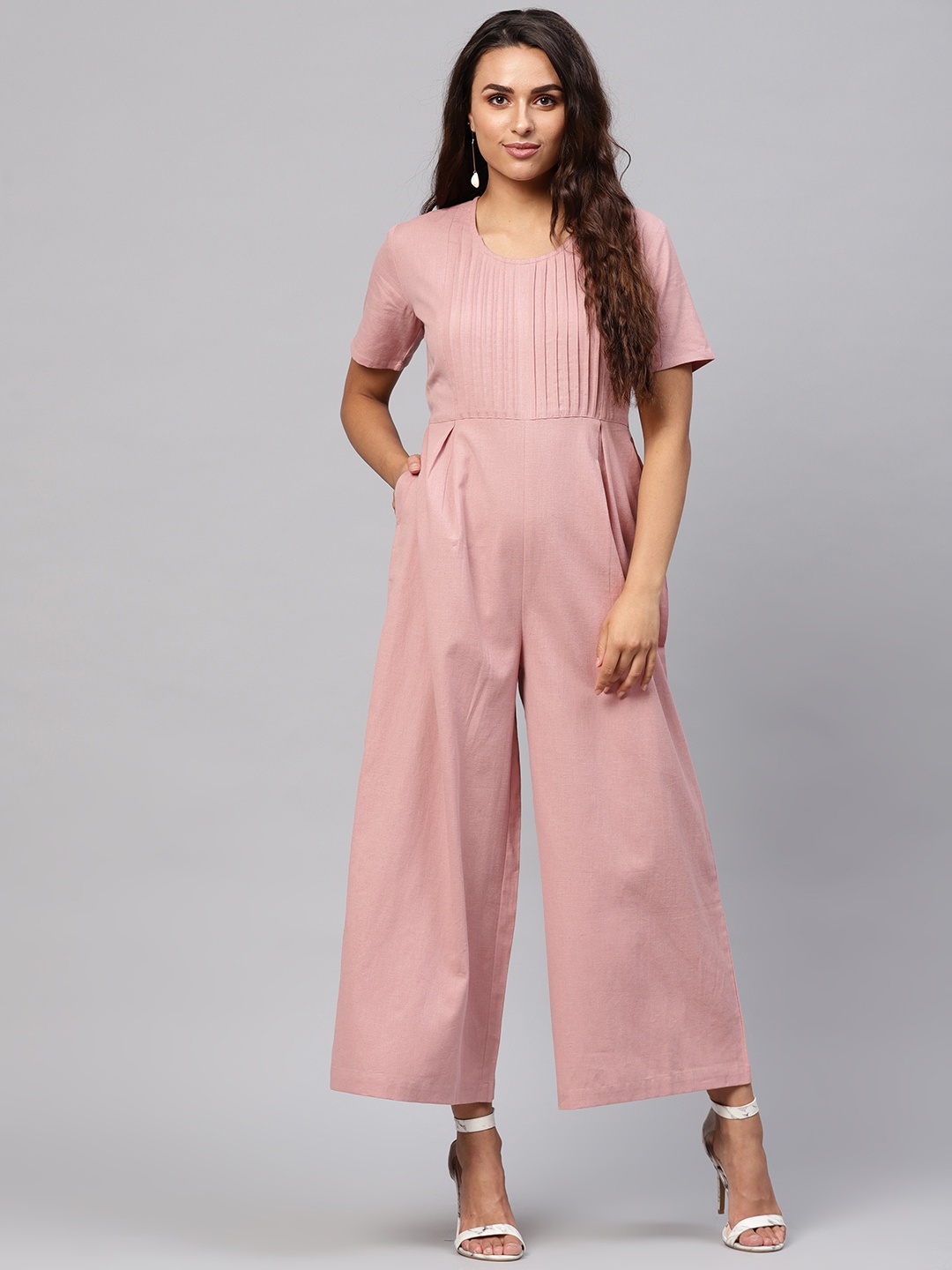 

SASSAFRAS Dusty Pink Solid Basic Jumpsuit