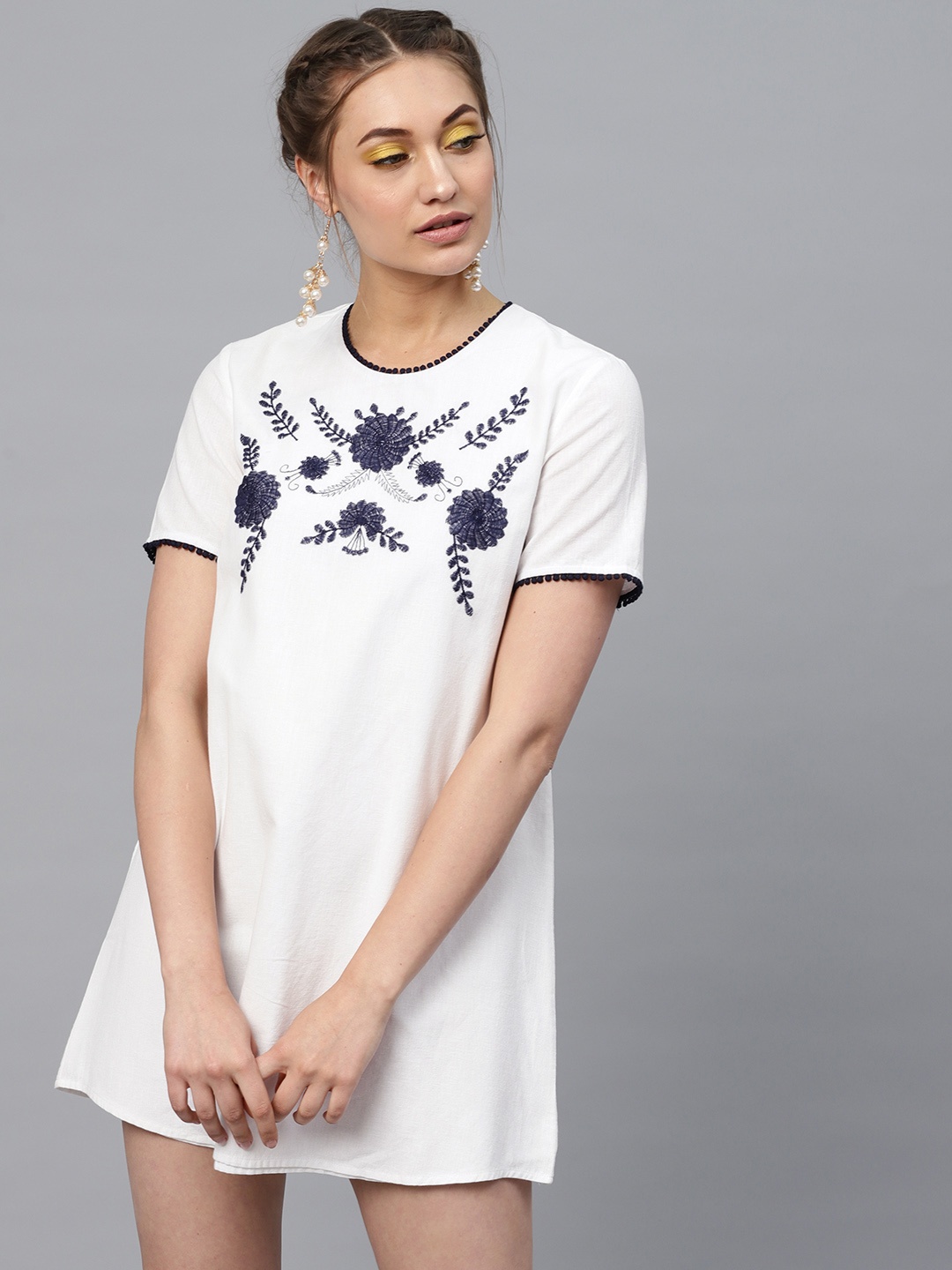 

SASSAFRAS Women White & Navy Blue Embroidered Detail A-Line Dress