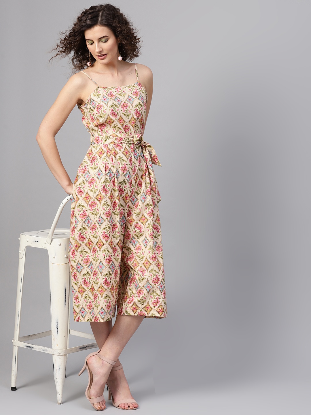 

SASSAFRAS Beige & Pink Printed Culotte Jumpsuit