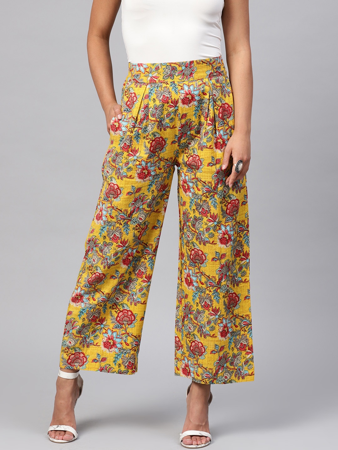 

SASSAFRAS Women Yellow & Red Floral Print Wide Leg Palazzos
