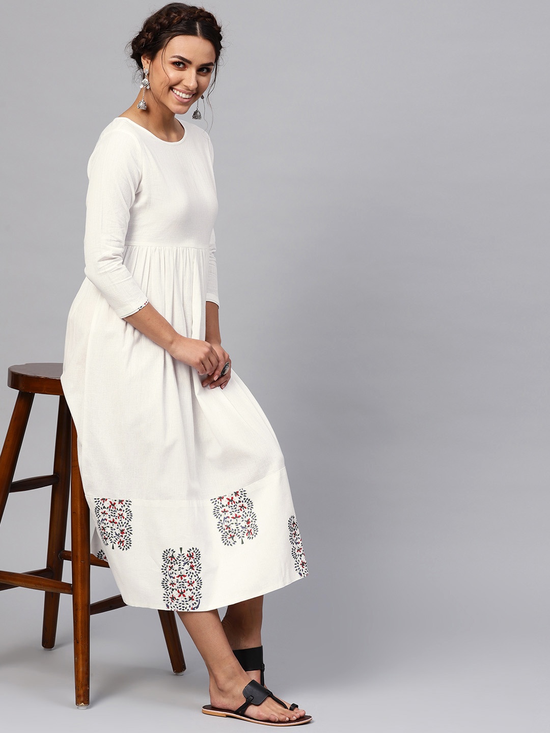 

SASSAFRAS Women White Printed Detail Empire Dress