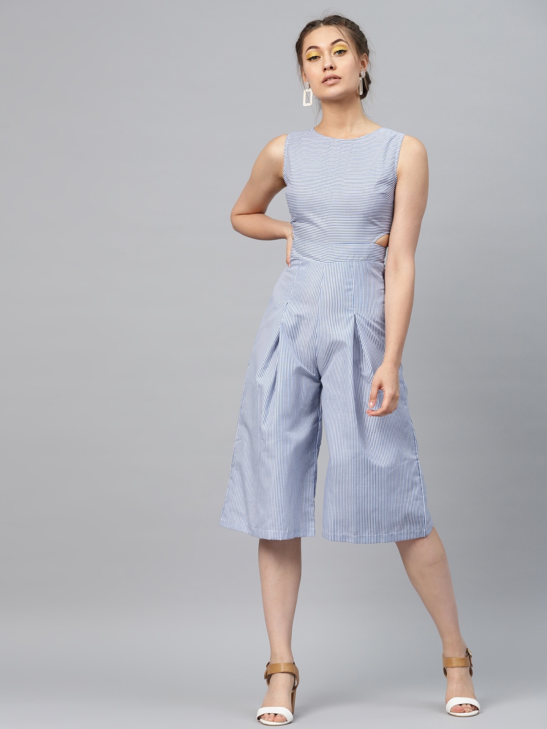 

SASSAFRAS Blue & White Striped Culotte Jumpsuit