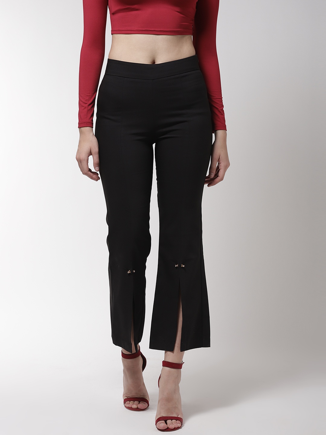 

Madame Women Black Regular Fit Solid Cropped Bootcut Trousers