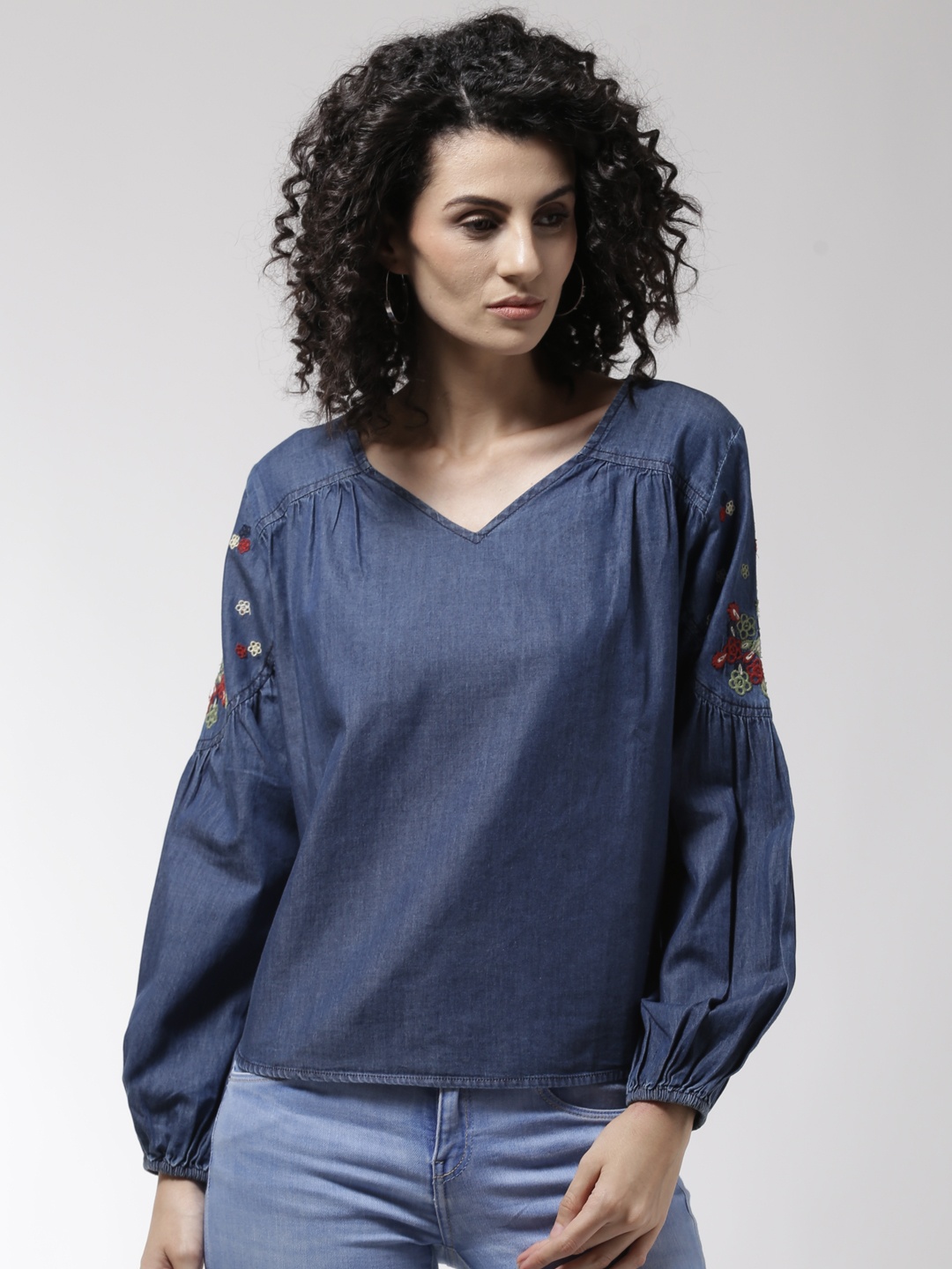

Madame Women Navy Blue Solid Chambray Top