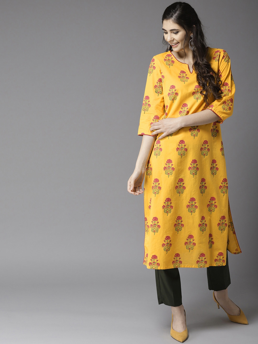 

HERE&NOW Women Mustard Yellow & Pink Printed Straight Kurta