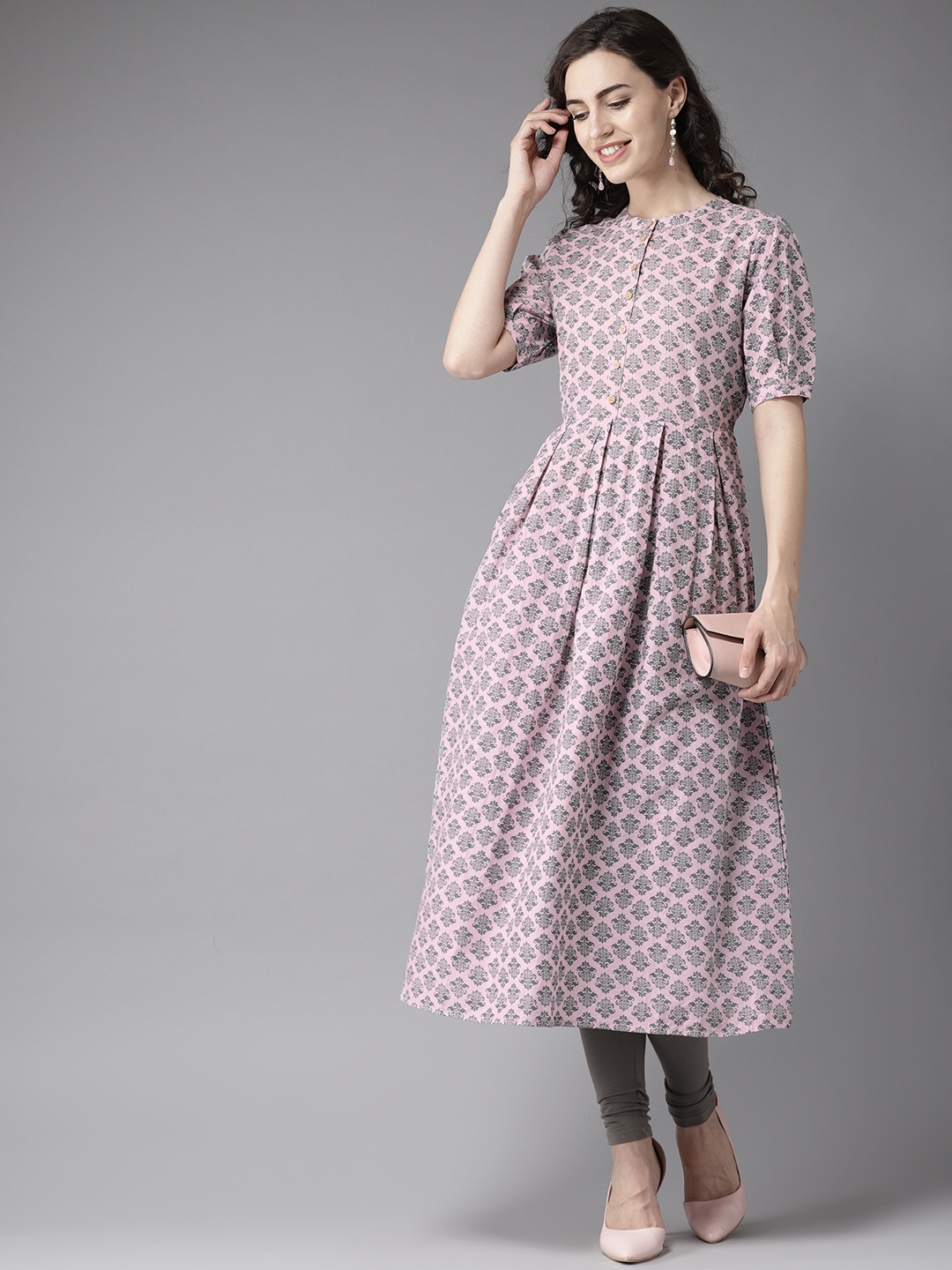 

Moda Rapido Women Pink & Grey Printed A-Line Kurta