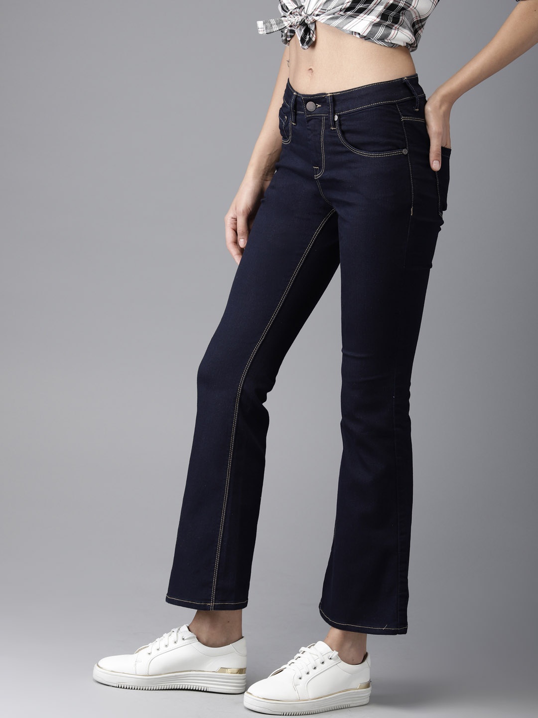 

HERE&NOW Women Blue Bootcut High-Rise Clean Look Stretchable Cropped Jeans