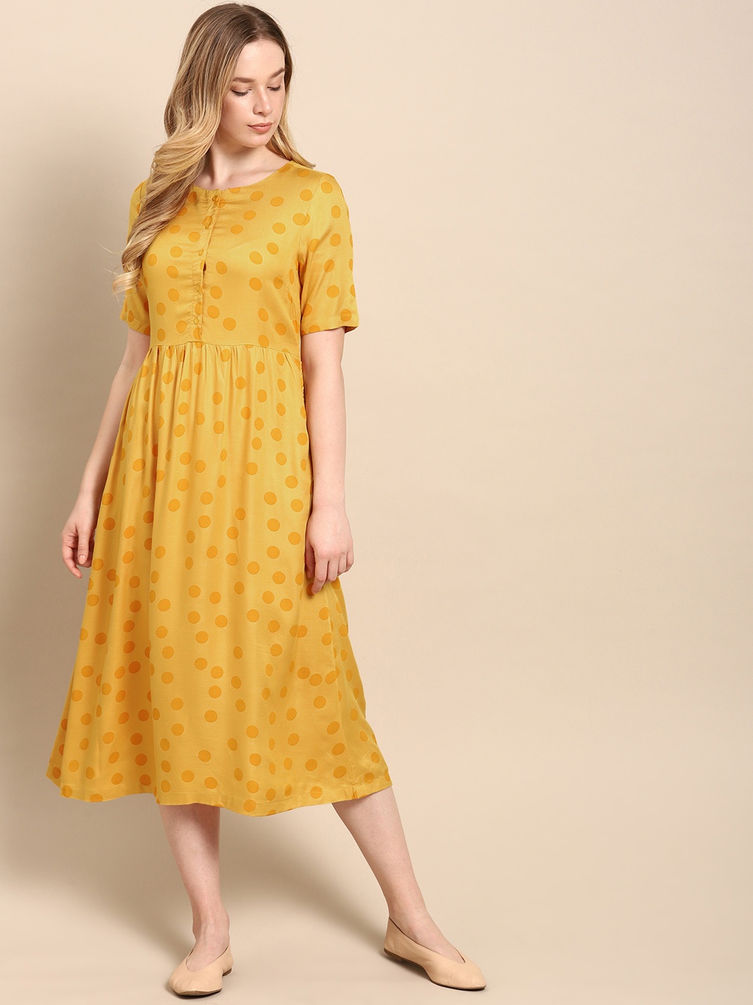 

ether Women Mustard Yellow Polka Dots Printed Fit and Flare Dress