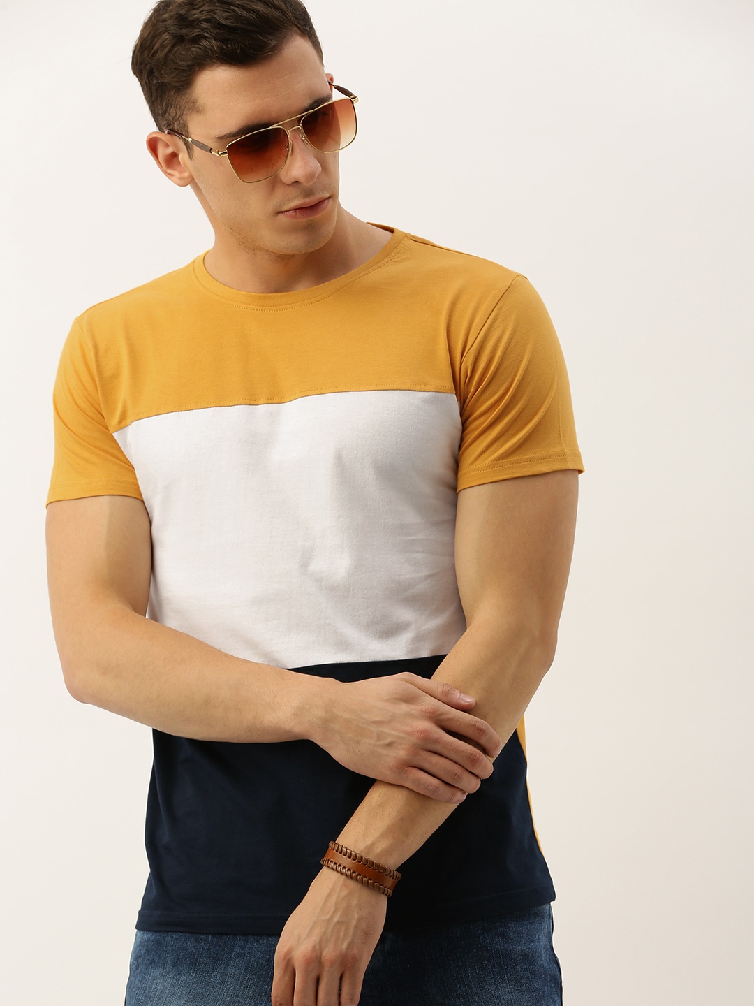

DILLINGER Men Mustard Yellow White Colourblocked Round Neck Pure Cotton T-shirt